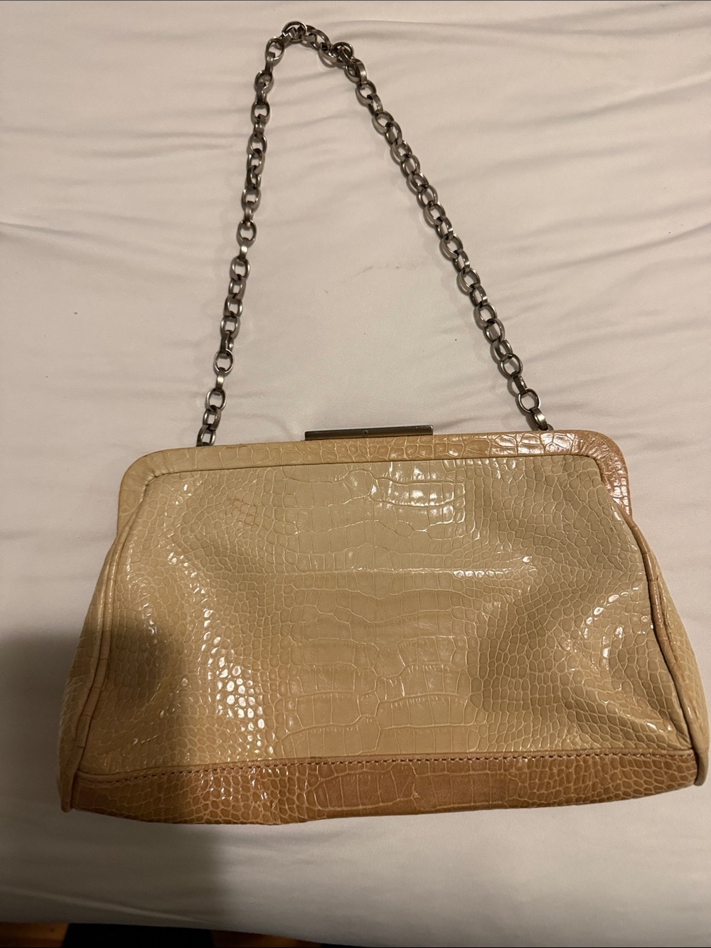 Adrienne Vittadini Beige Croc-Embossed Shoulder Bag with Silver Chain Strap